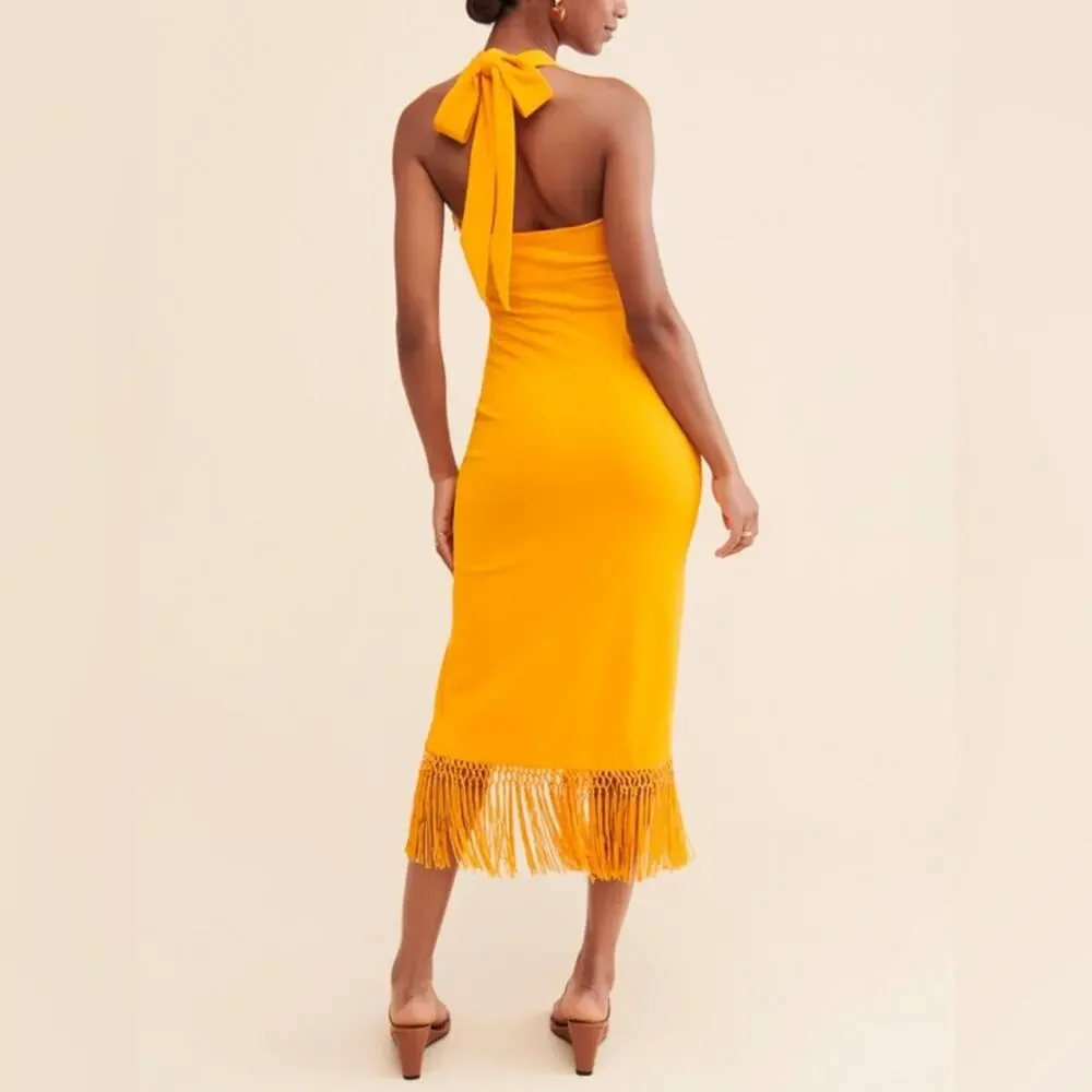 Saylor Women’s Jynx Fringe Halter Neck Mango Yellow Knit Midi Dress Sz S - Picture 5 of 13